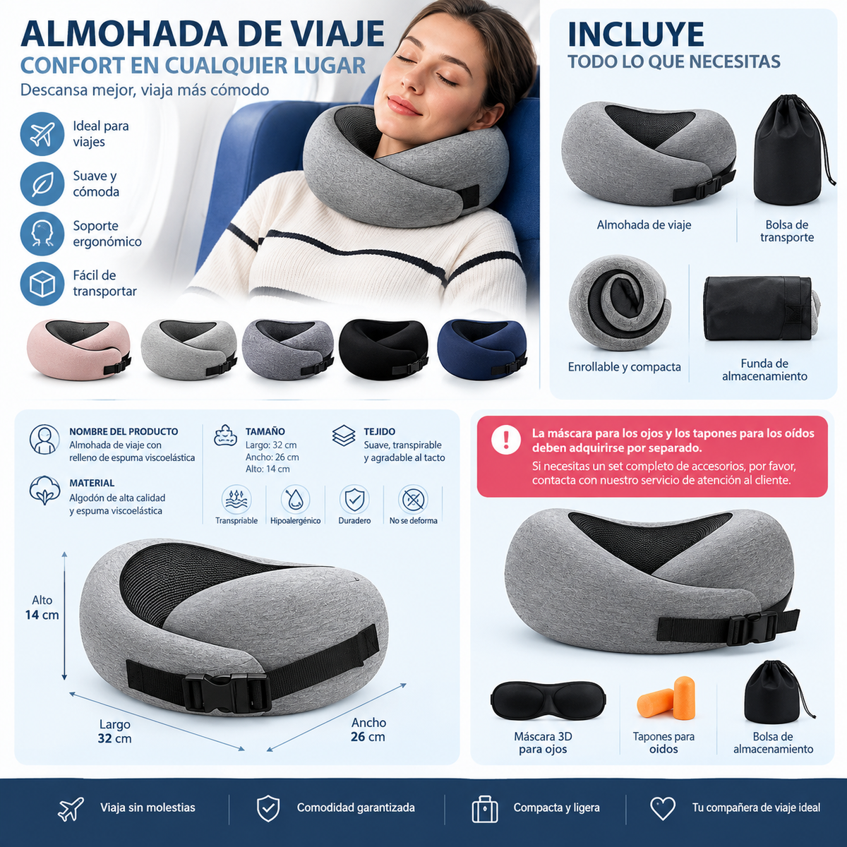 Almohada de viaje cervical ergonómica